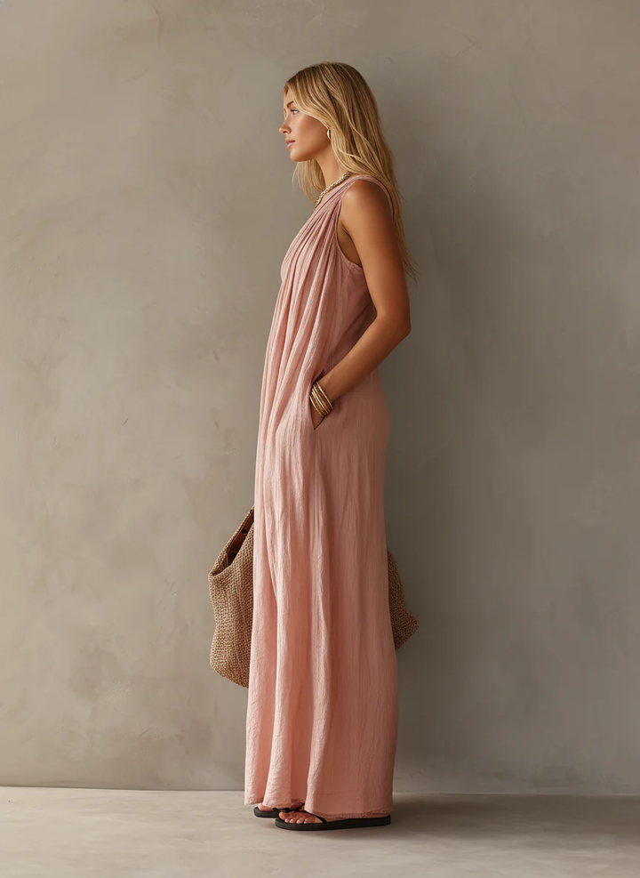 Elegante Abito Maxi Senza Maniche Rosa a Spalla Unica