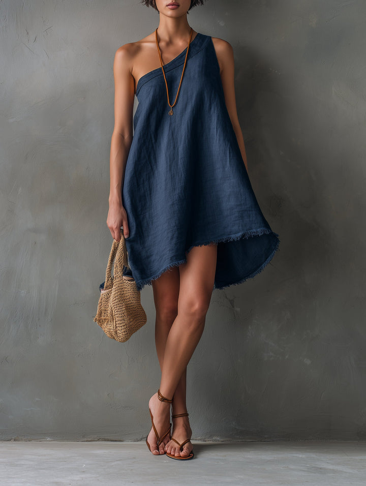 Abito Mini Senza Maniche A Spalla Unica Blu Navy