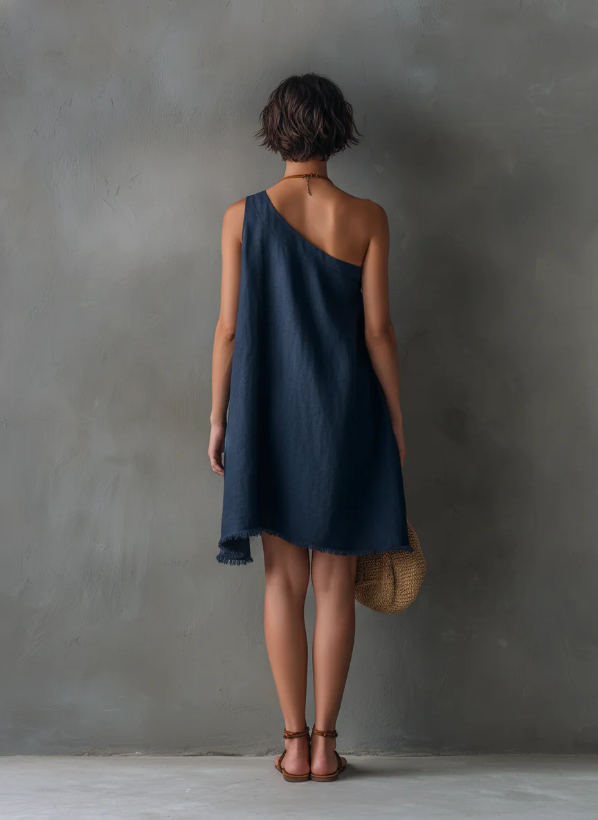 Abito Mini Senza Maniche A Spalla Unica Blu Navy