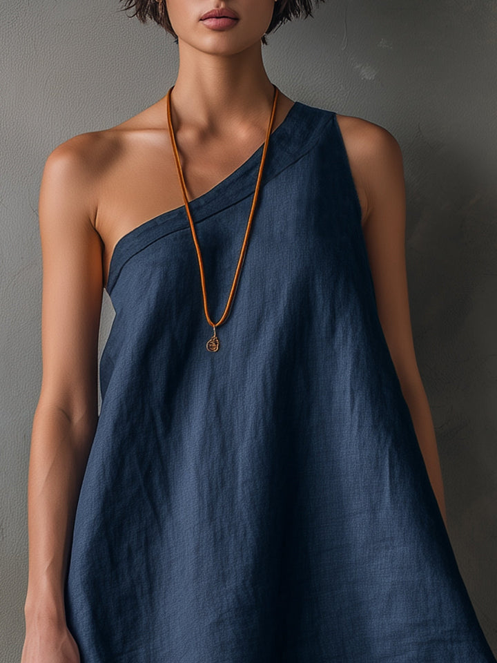 Abito Mini Senza Maniche A Spalla Unica Blu Navy