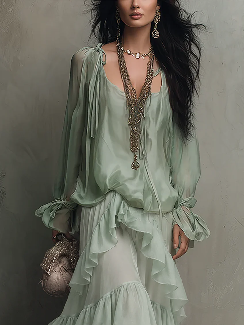 Top Ruffle in Chiffon Verde Menta Abbinato a un Set di Gonna a Strati
