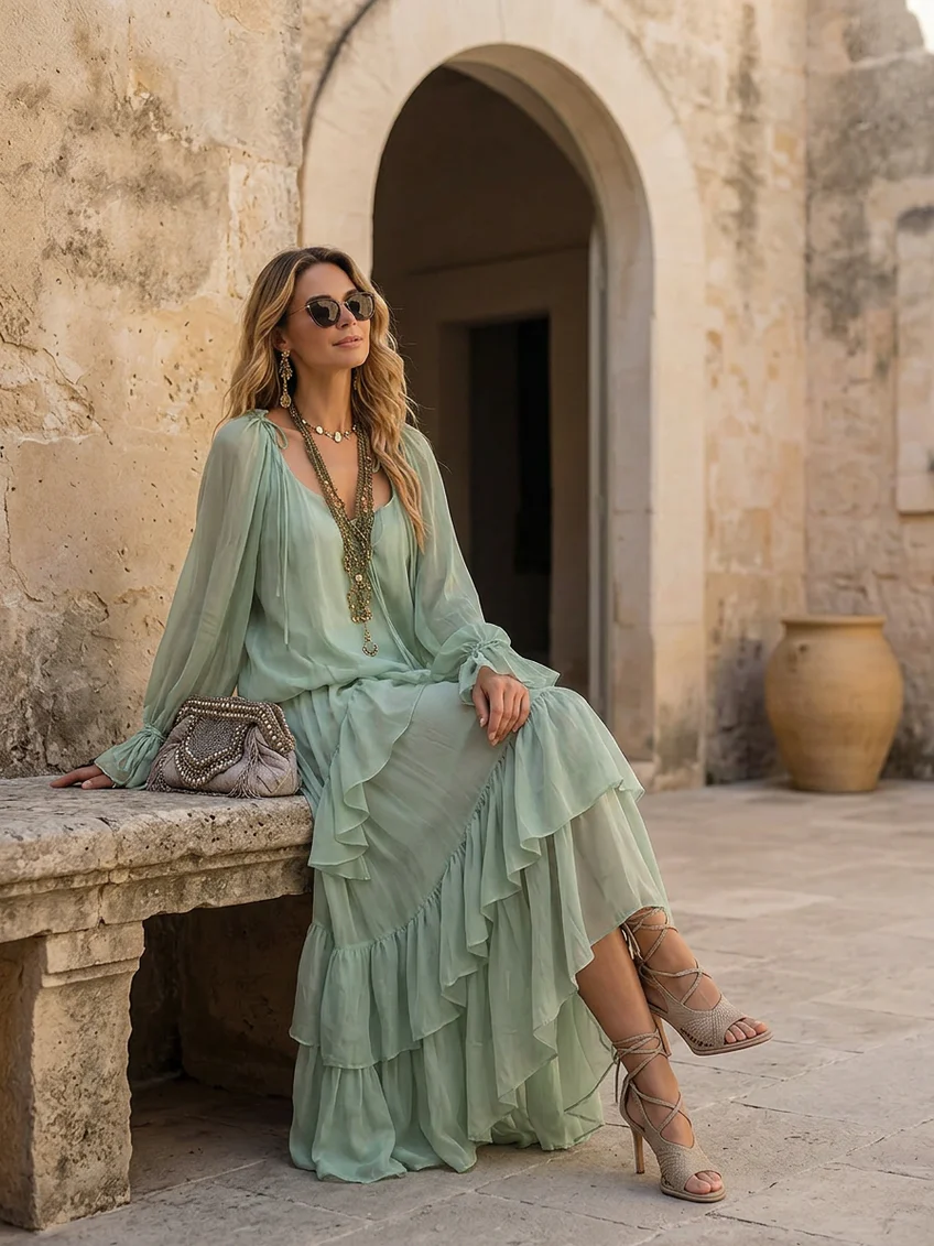 Top Ruffle in Chiffon Verde Menta Abbinato a un Set di Gonna a Strati