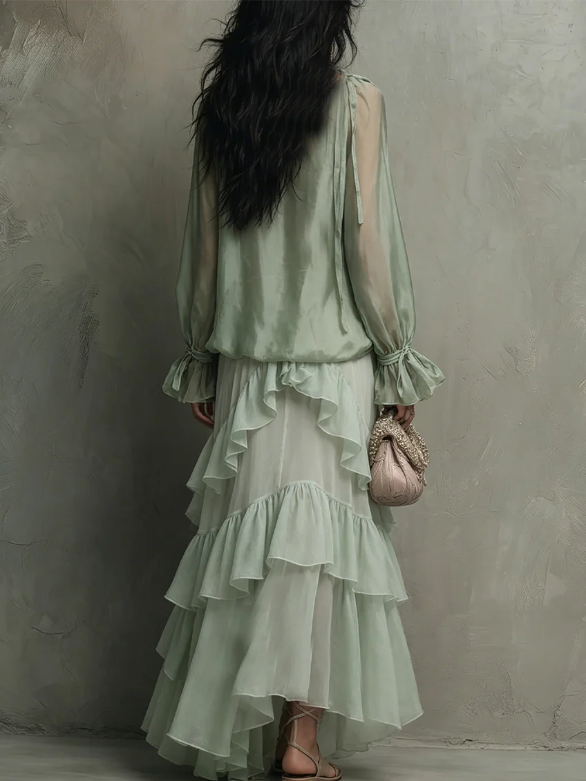 Top Ruffle in Chiffon Verde Menta Abbinato a un Set di Gonna Stratificata