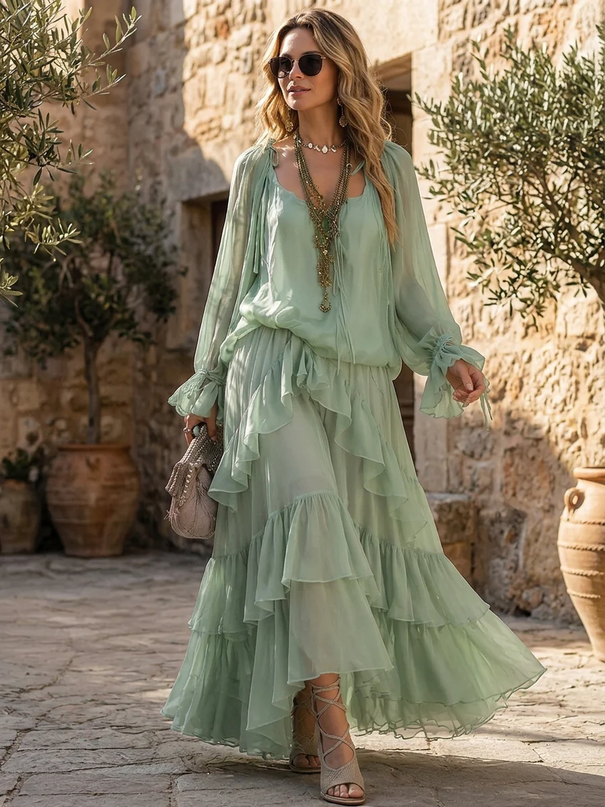Top Ruffle in Chiffon Verde Menta Abbinato a un Set di Gonna a Strati