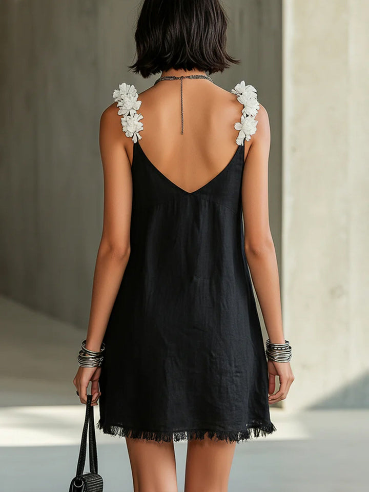 Abito Mini con Spalline Floreali e Scollo a V Nero
