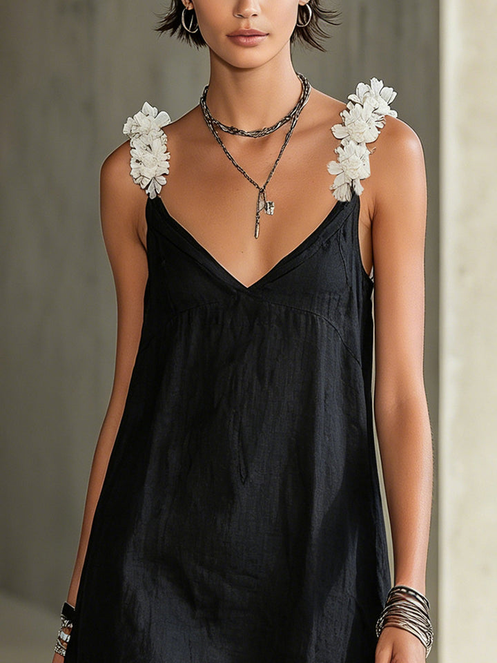 Abito Mini con Spalline Floreali e Scollo a V Nero