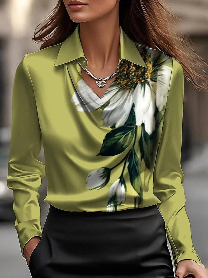 Camicia Top Semplice con Collo a Swing in Raso Solido con Stampa Floreale