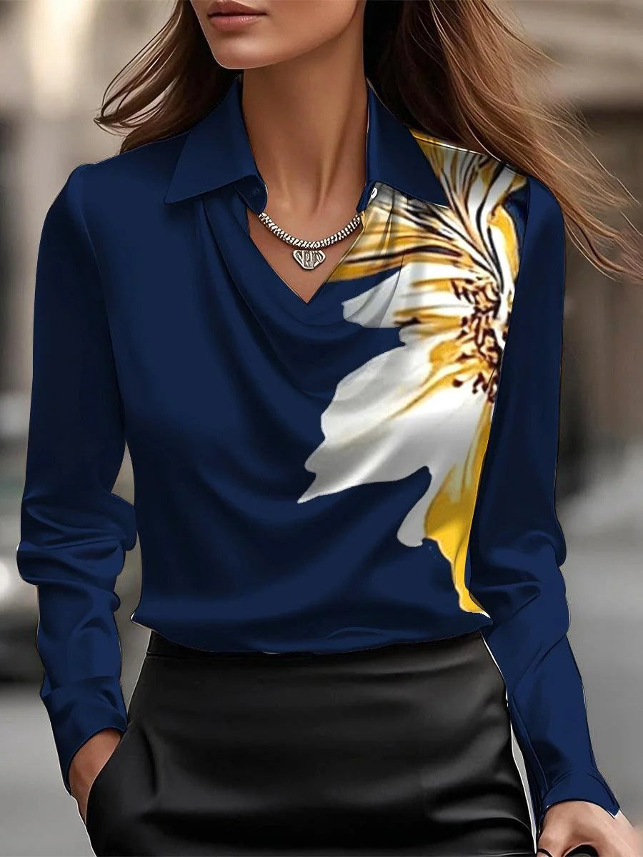 Camicia Top Semplice con Collo a Swing in Satin Fantasia Floreale