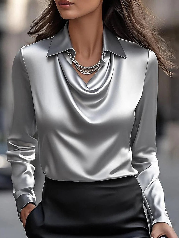 Camicia Top Collo a Gioco con Stampa Floreale in Raso Solido