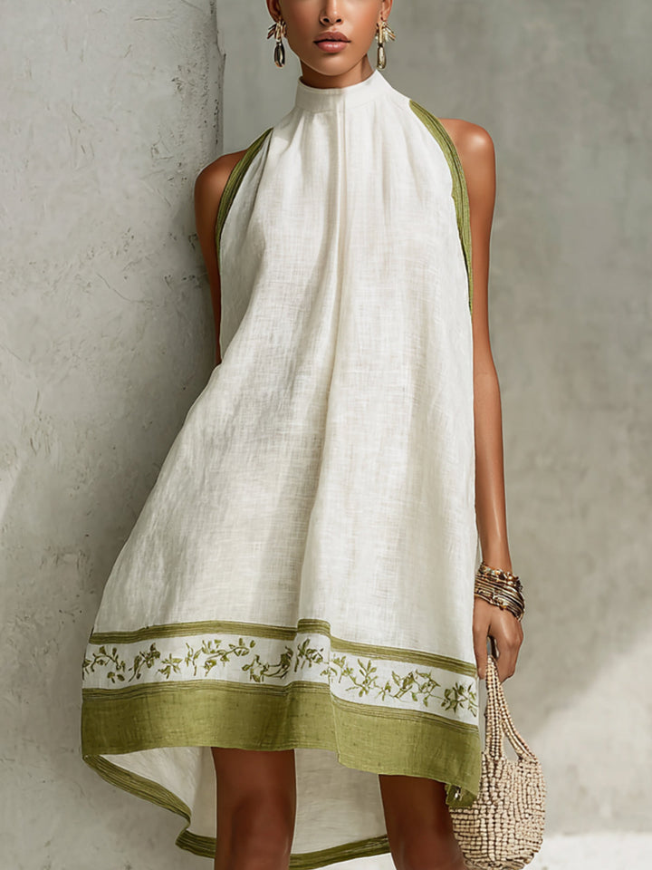 Agathe | Abito Mini A-Line Senza Maniche Bianco e Verde Oliva a Fiori