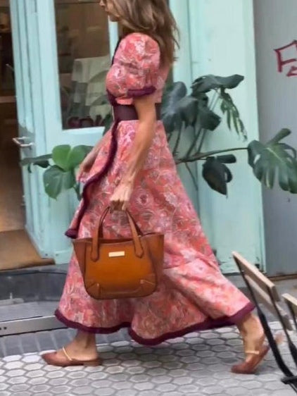 Elegante Abito Maxi a Maniche Corte con Stampa Floreale Rosa