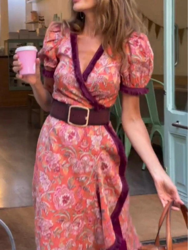 Elegante Abito Maxi a Maniche Corte con Stampa Floreale Rosa