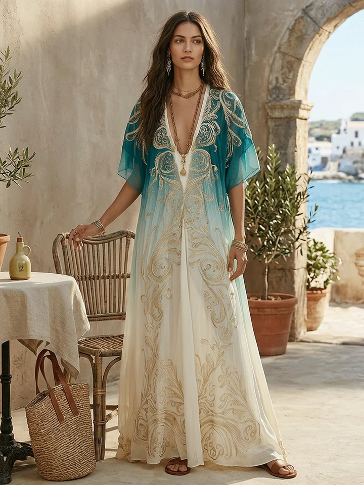 Abito Maxi Kaftan Stampato in Oro Gradient
