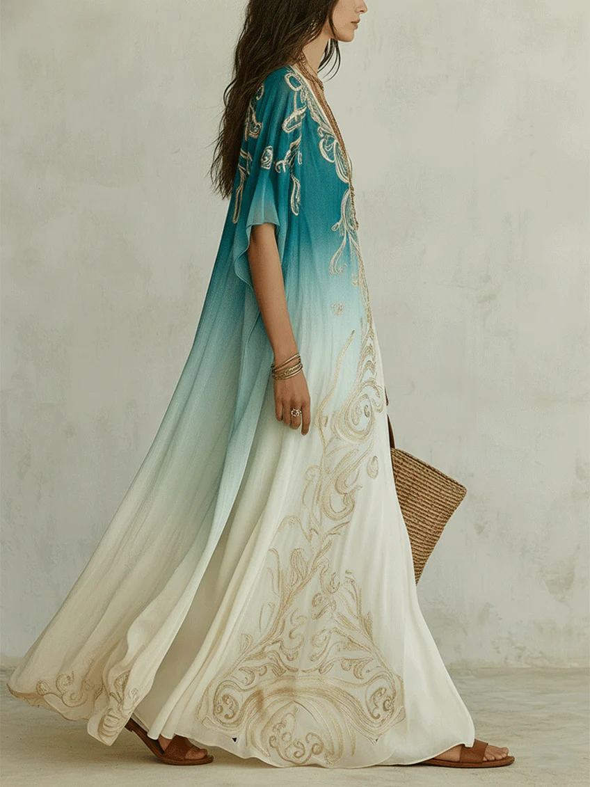 Abito Maxi Kaftan Stampato in Oro Gradient