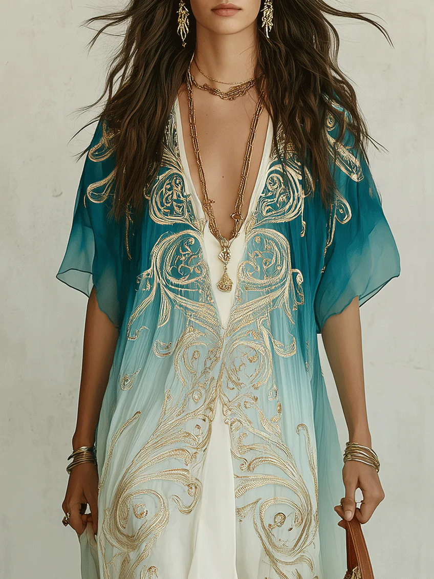 Abito Maxi Fluttuante in Kaftano Stampato Gradient Gold