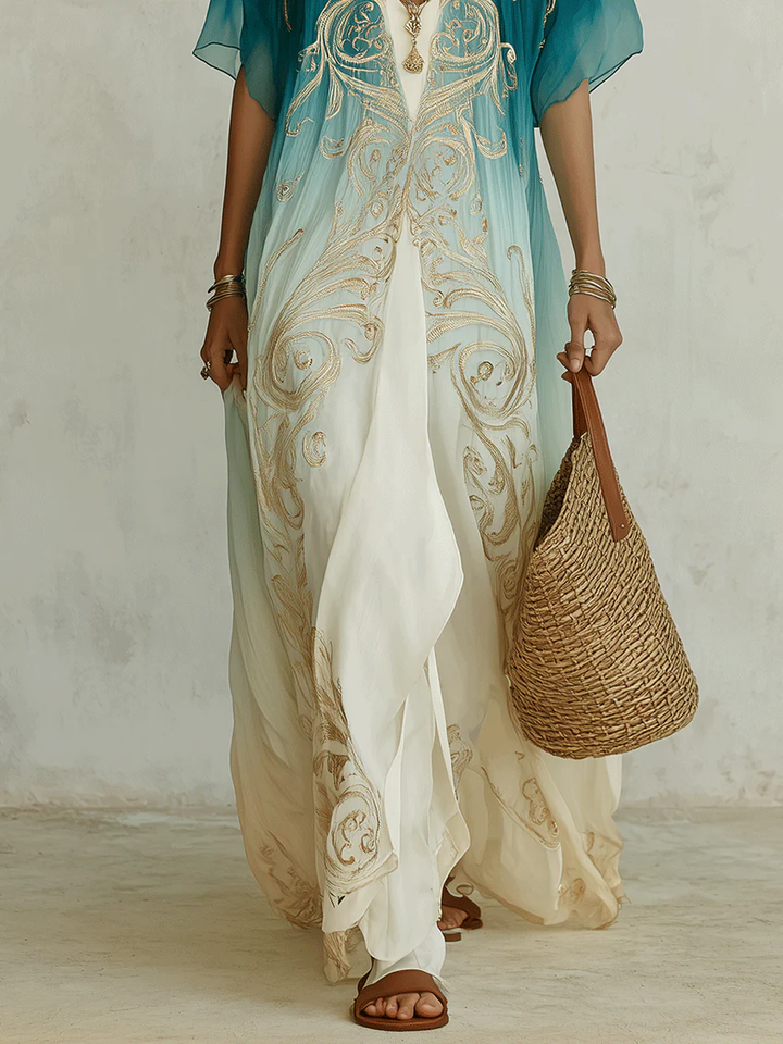Abito Maxi Fluttuante in Kaftano Stampato Gradient Gold