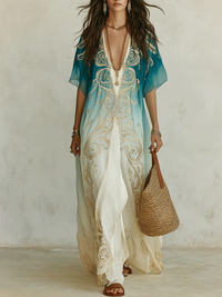 Abito Maxi Fluttuante in Kaftano Stampato Gradient Gold