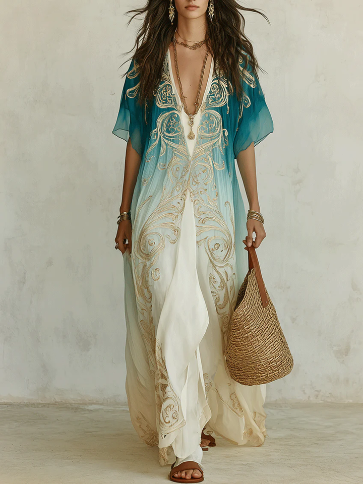 Abito Maxi Fluttuante in Kaftano Stampato Gradient Gold