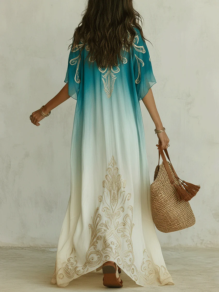 Abito Maxi Fluttuante in Kaftano Stampato Gradient Gold