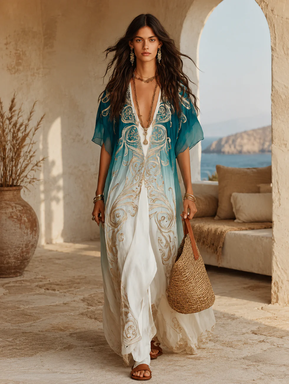 Abito Maxi Fluttuante in Kaftano Stampato Gradient Gold