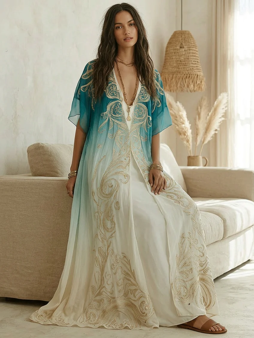 Abito Maxi Fluttuante in Kaftano Stampato Gradient Gold