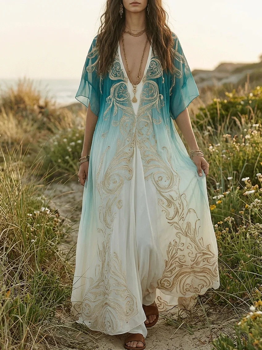 Abito Maxi Kaftan Stampato in Oro Gradient