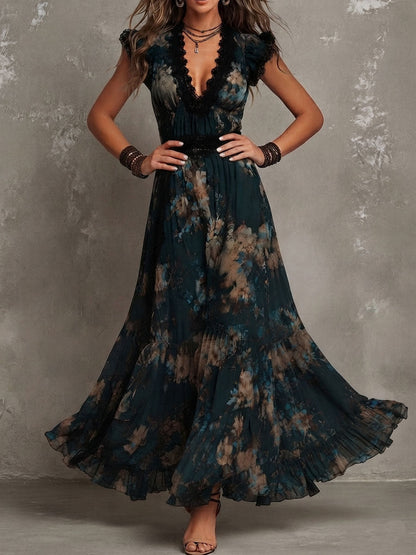 Abito maxi in chiffon vintage verde scuro con pizzo floreale