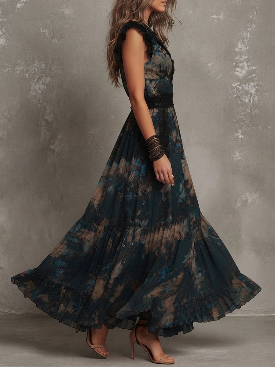 Abito maxi in chiffon verde scuro vintage con pizzo floreale