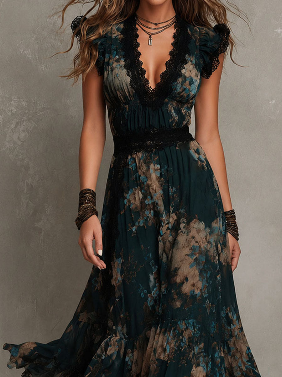 Abito maxi in chiffon verde scuro vintage con pizzo floreale
