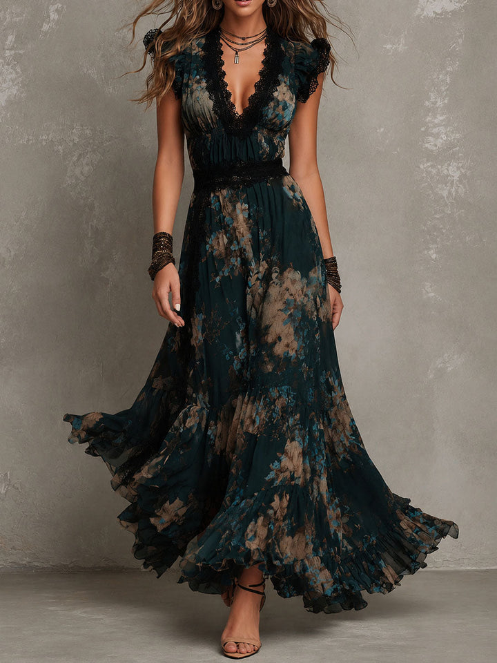 Abito maxi in chiffon verde scuro vintage con pizzo floreale