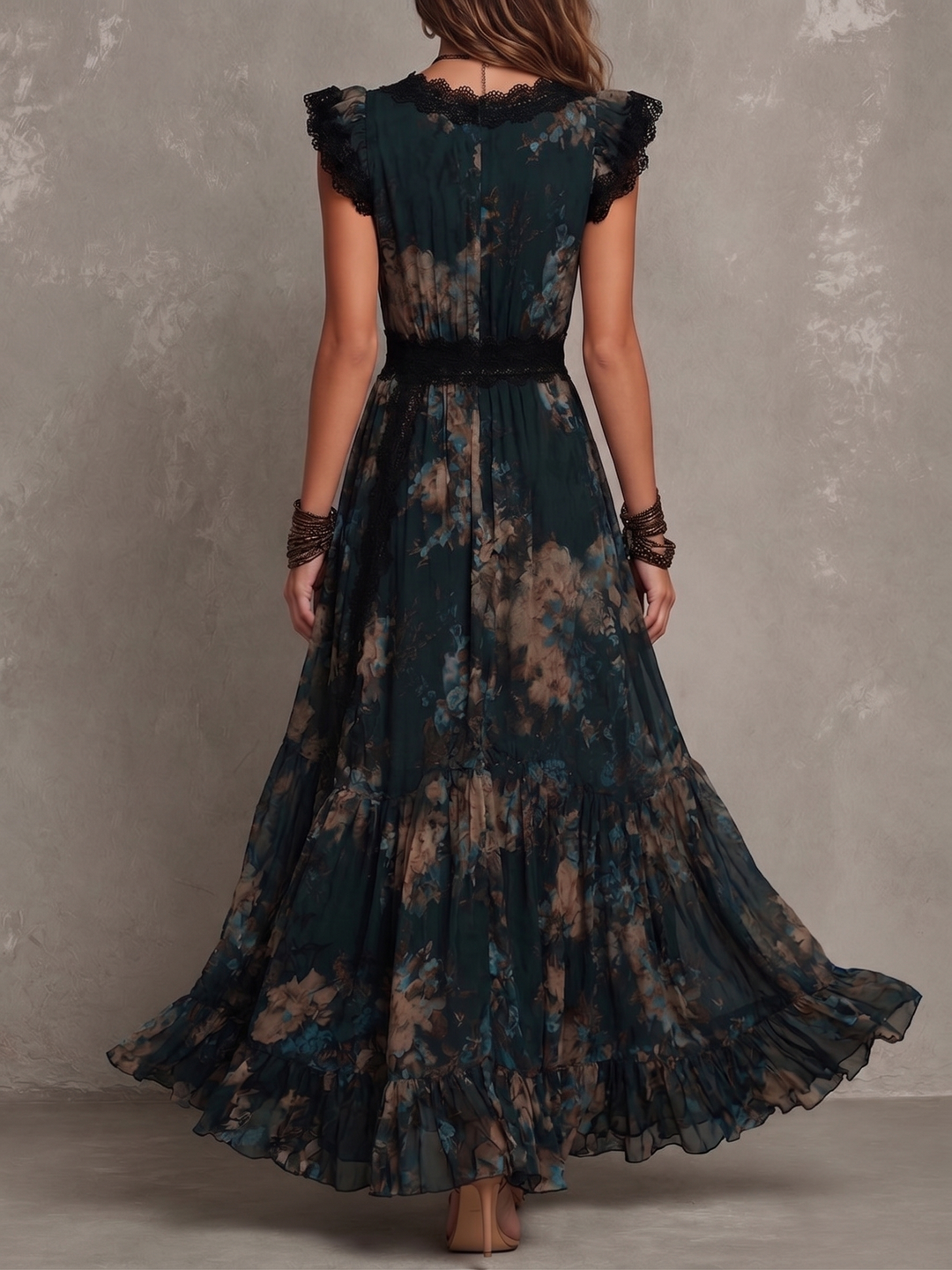 Abito maxi in chiffon verde scuro vintage con pizzo floreale