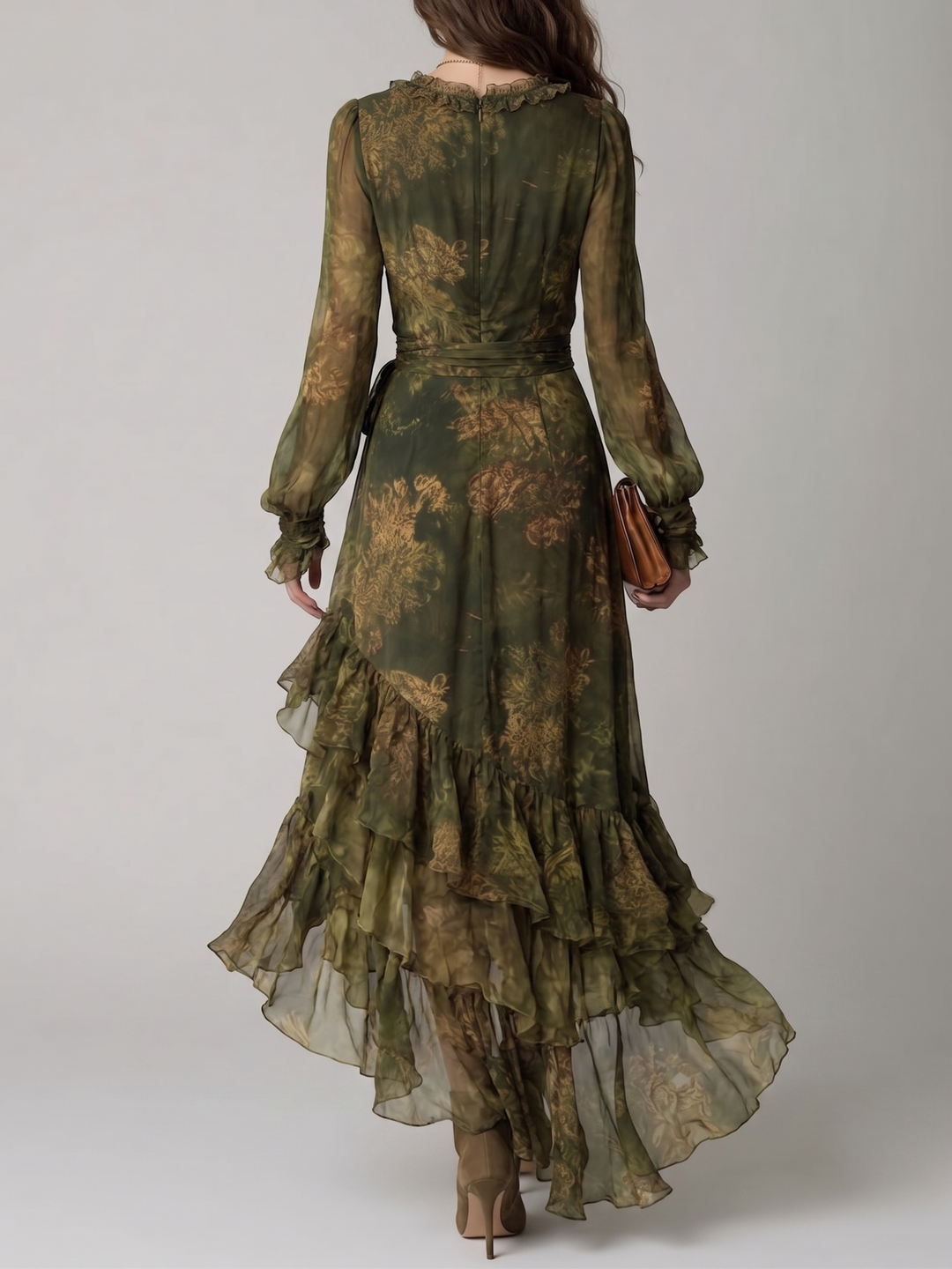 Abito Maxi in Chiffon con Stampa Floreale Verde e Rouches Irregolari