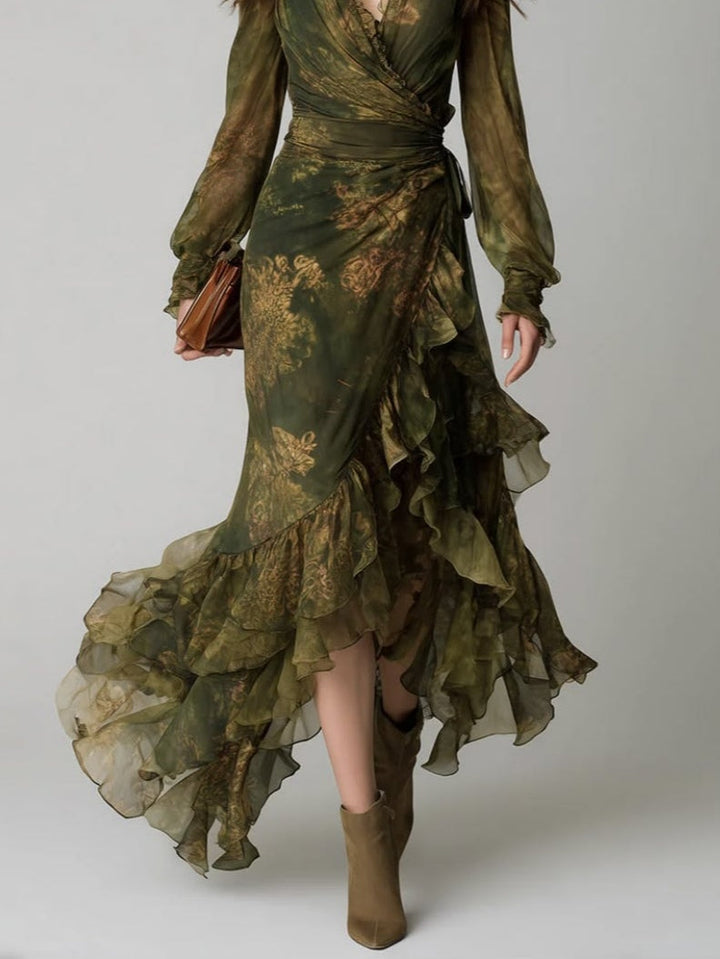 Abito Maxy in Chiffon con Stampa Floreale Verde e Rouches a Strati Irregolari