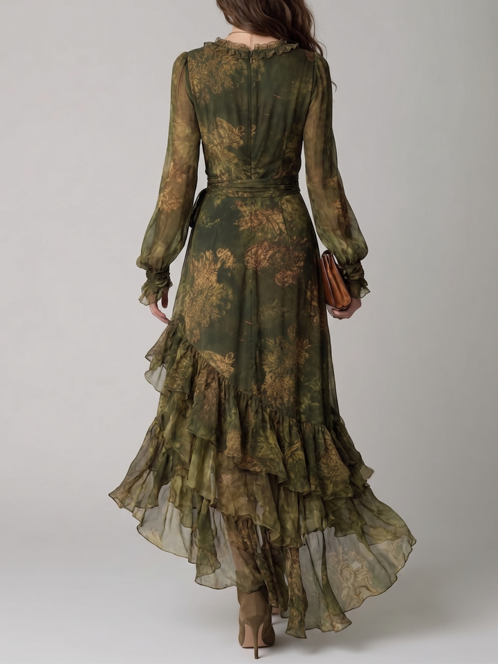 Abito Maxy in Chiffon con Stampa Floreale Verde e Rouches a Strati Irregolari