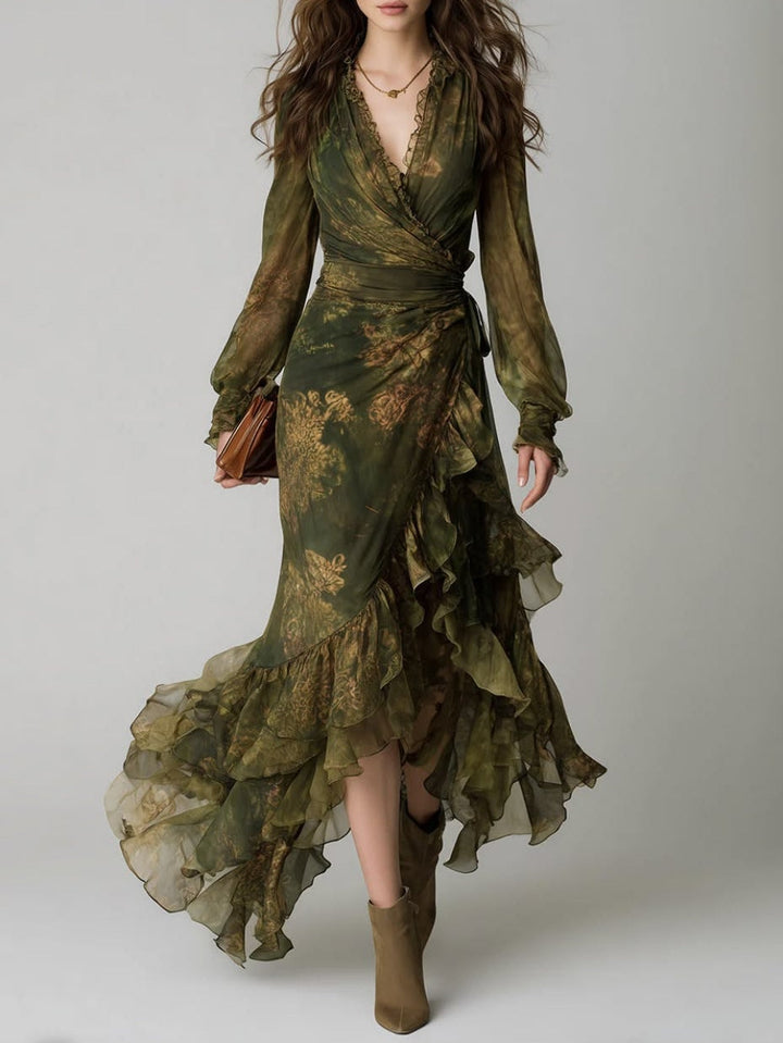 Abito Maxy in Chiffon con Stampa Floreale Verde e Rouches a Strati Irregolari