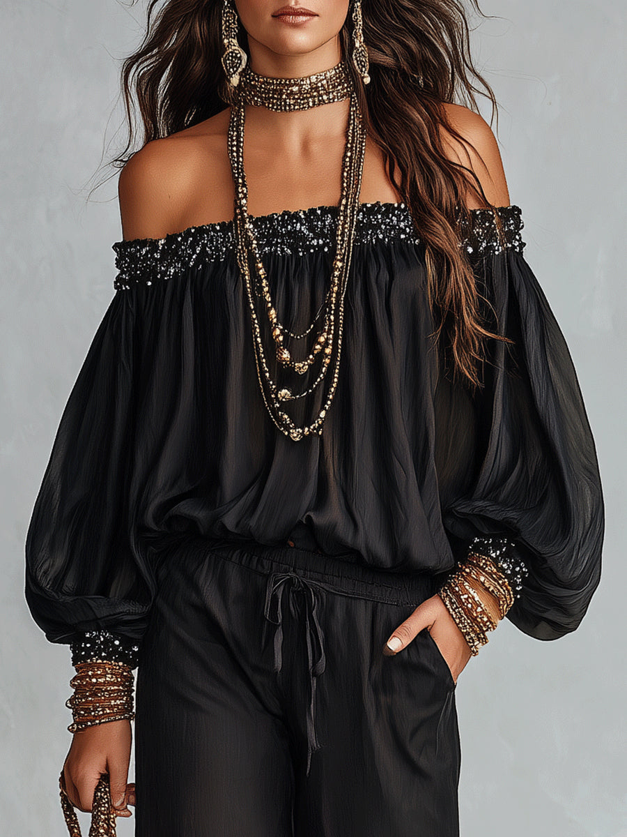 Top Nero Senza Spalline con Paillettes Abbinato a Pantaloni Larghe con Coulisse