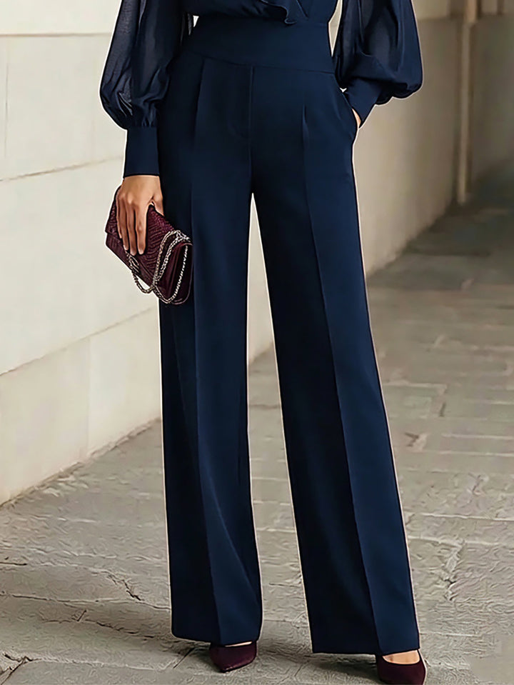 Top in Chiffon Ruffled Blu Navy e Pantaloni a Gamba Larga Set di Due Pezzi