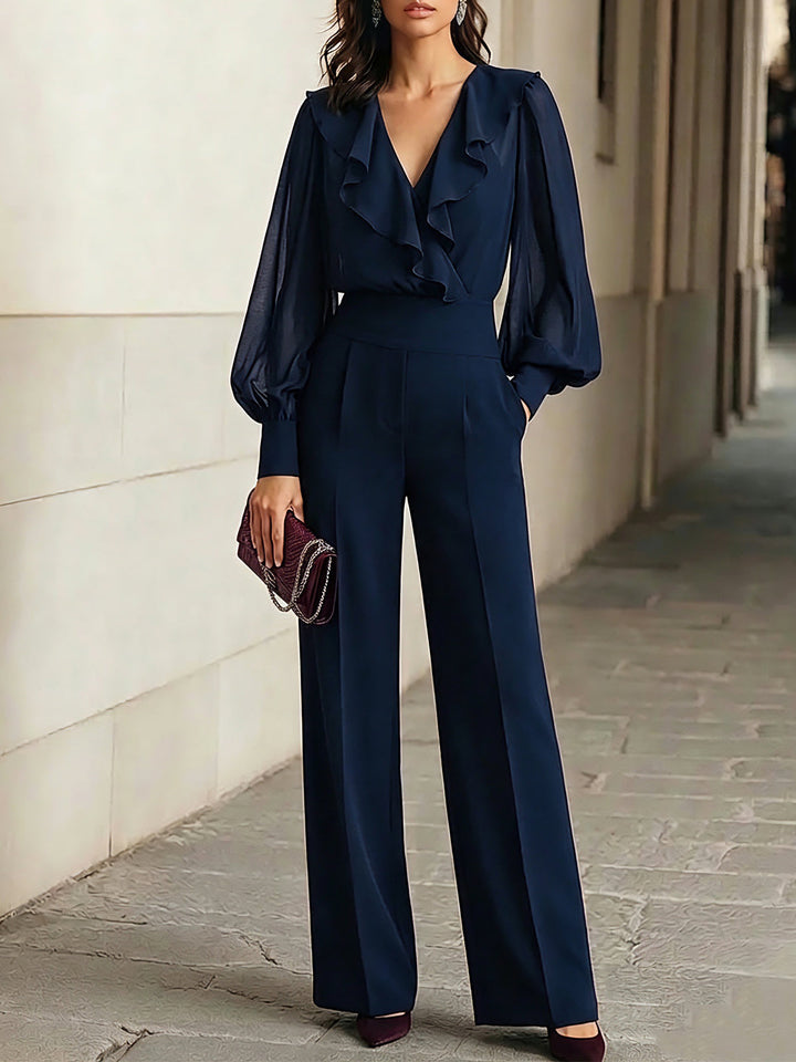Top in Chiffon Blu Navy con Volant e Pantaloni a Gamba Larga - Set di Due Pezzi