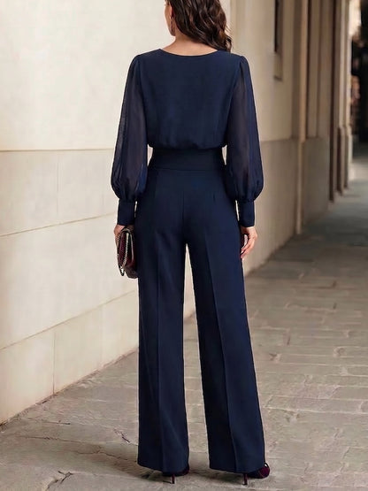 Set di Top in Chiffon Ruffles Blu Navy e Pantaloni a Gamba Larga