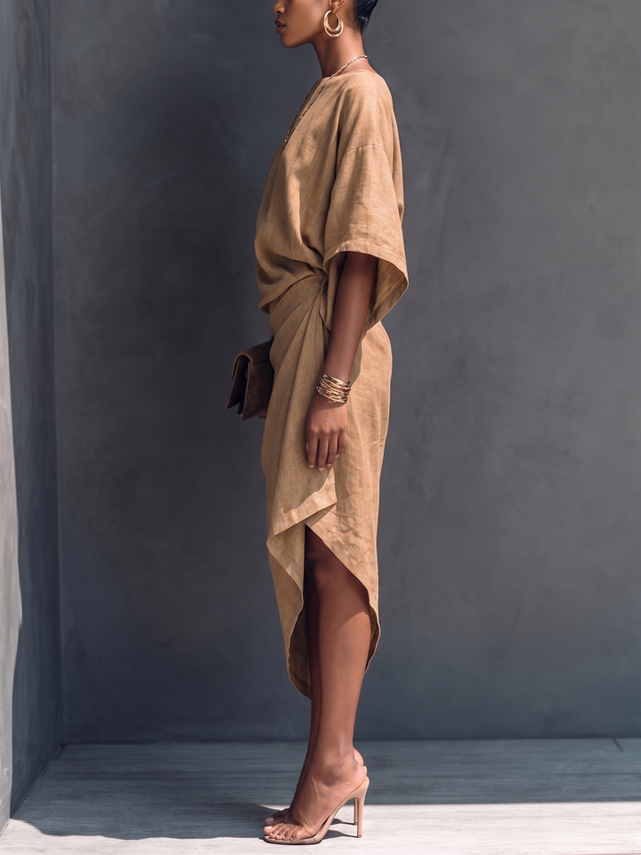 Abito midi asimmetrico drappeggiato color khaki a maniche corte