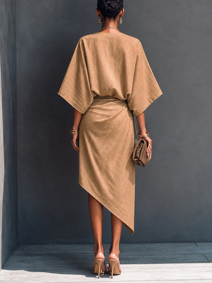 Abito midi asimmetrico drappeggiato color khaki a maniche corte