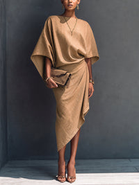 Abito midi asimmetrico drappeggiato color khaki a maniche corte