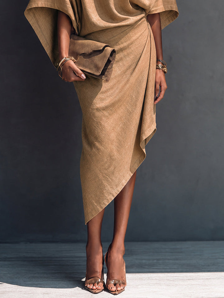 Abito midi asimmetrico drappeggiato color khaki a maniche corte