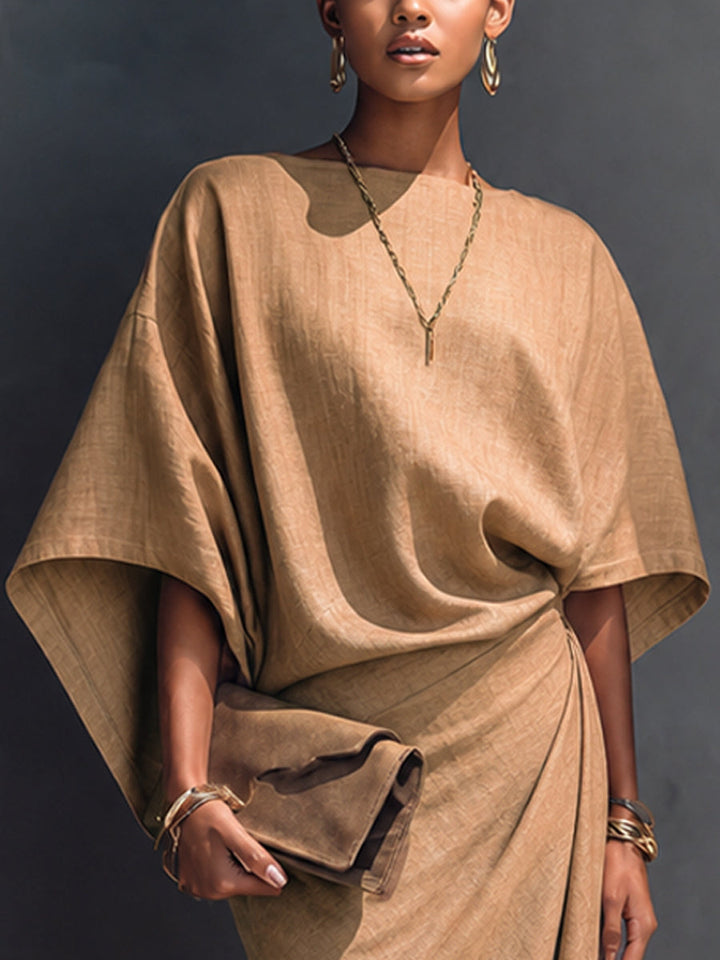 Abito midi asimmetrico drappeggiato color khaki a maniche corte