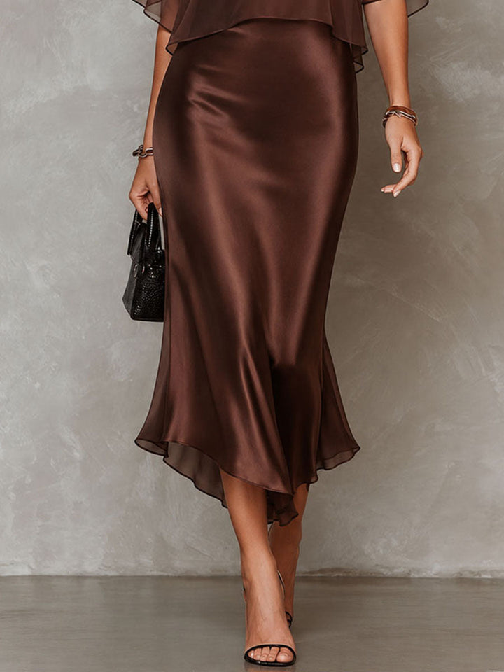 Blusa in Chiffon Marrone e Abito Midi in Satin Set Due Pezzi
