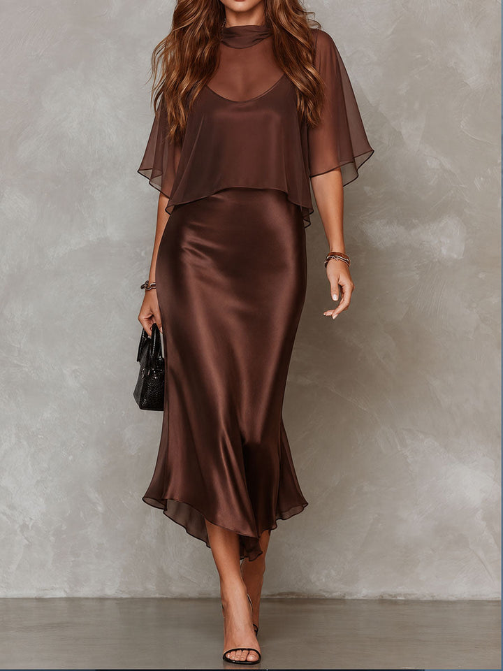 Blusa in Chiffon Marrone e Abito Midi in Satin Set Due Pezzi