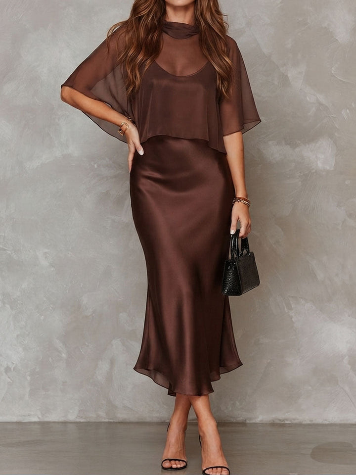 Blusa in Chiffon Marrone e Abito Midi in Satin Set Due Pezzi