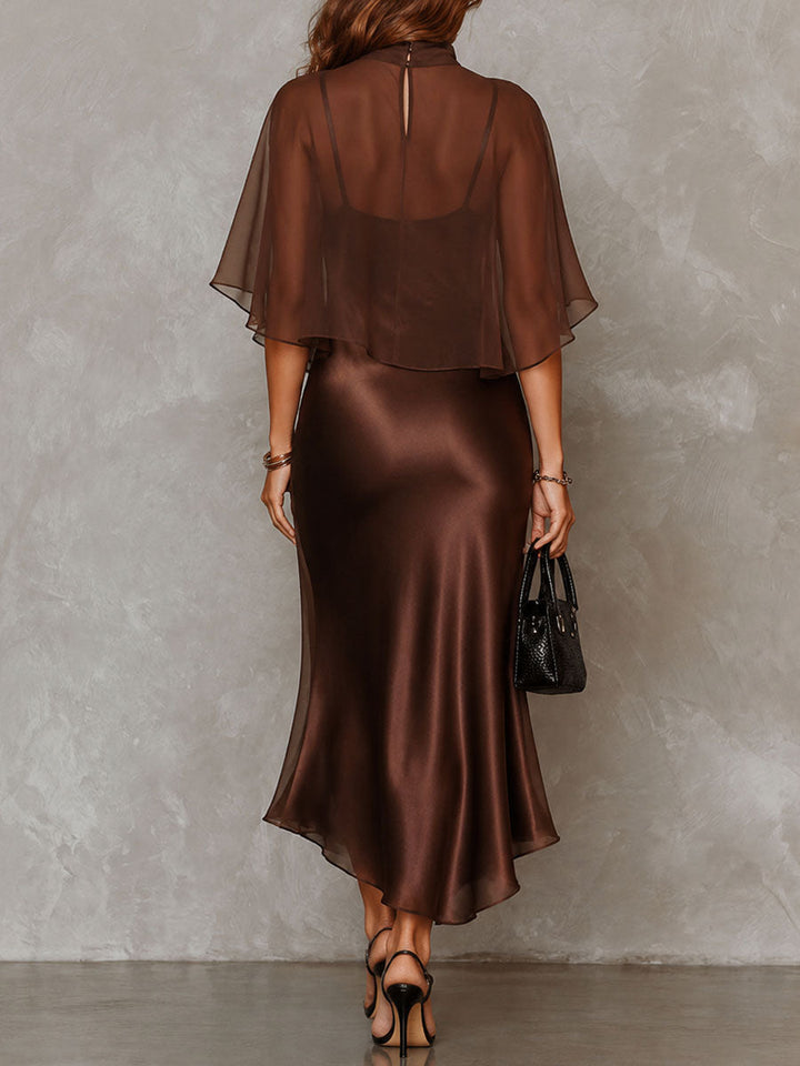 Blusa in Chiffon Marrone e Abito Midi in Satin Set Due Pezzi