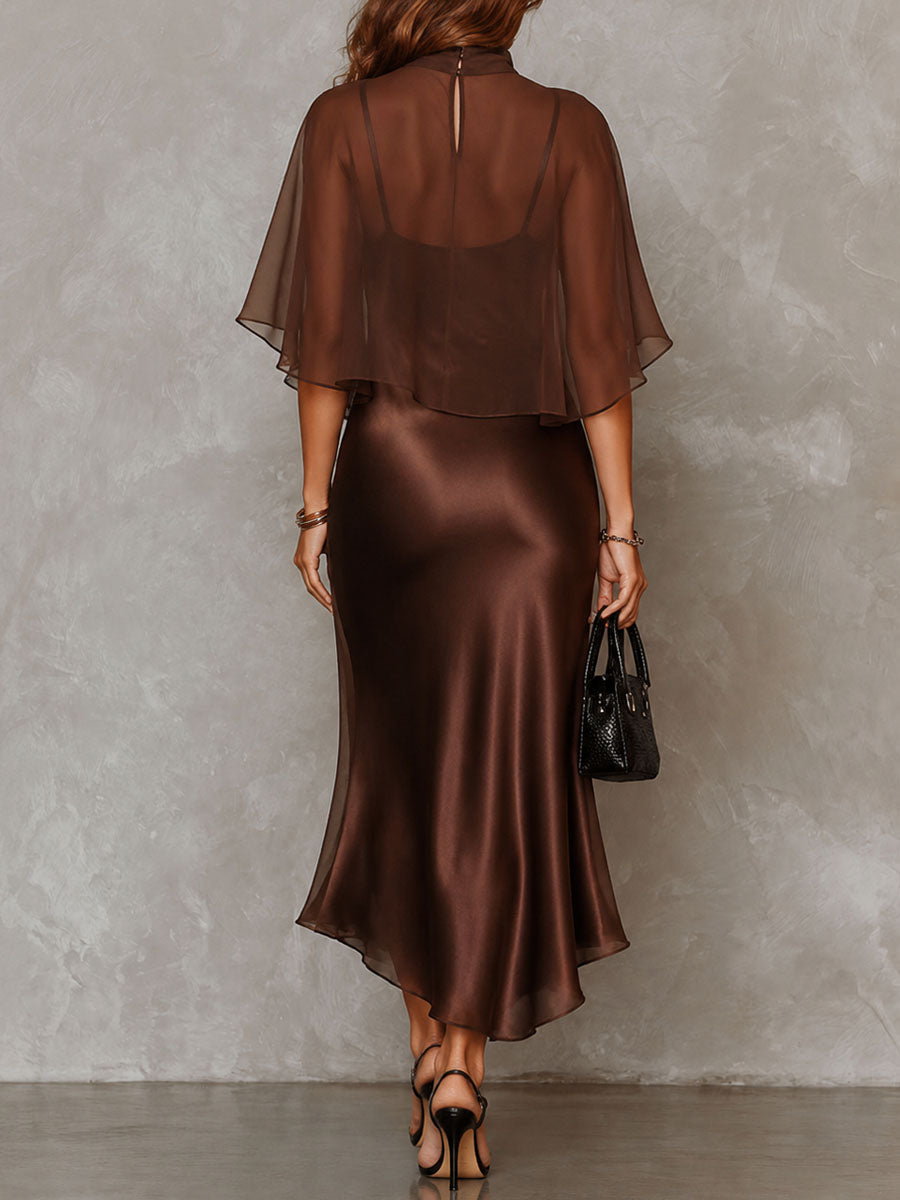 Blusa in Chiffon Marrone e Abito Midi in Satin Set Due Pezzi