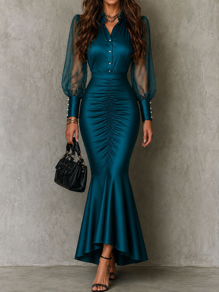 Elegante Abito Maxi in Satin Teal Trasparente con Maniche a Palloncino